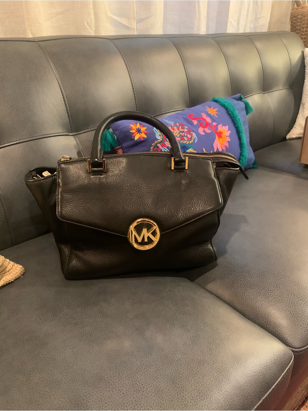 Michael Kors Black Pebble Leather Hudson Satchel with Gold MK Emblem